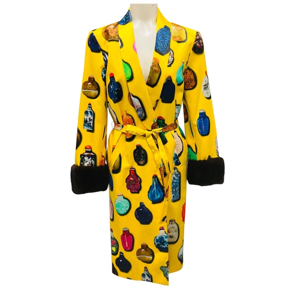 LIBERTINE YELLOW SNUFF BOTTLES SMOKING JACKET WITH FUR AND CRYSTALS